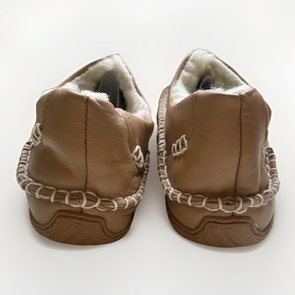 NIB ROOTS TAN LEATHER COMFORT SLIPPERS Cozy Faux Fur Lined Rubber Sole sz 8 - Picture 5 of 9